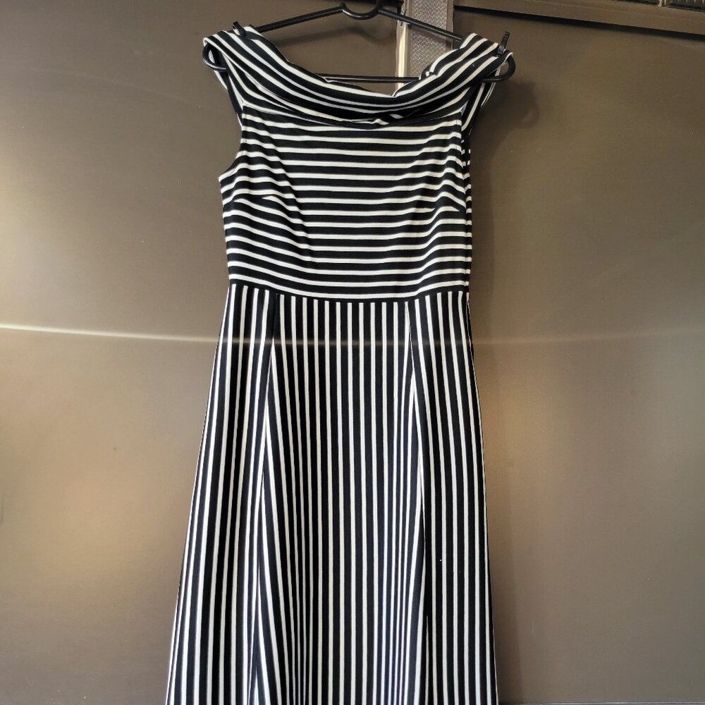Banana Republic, Black & White Stripe Off-Shoulder Fit & Flare Dress w/Pockets